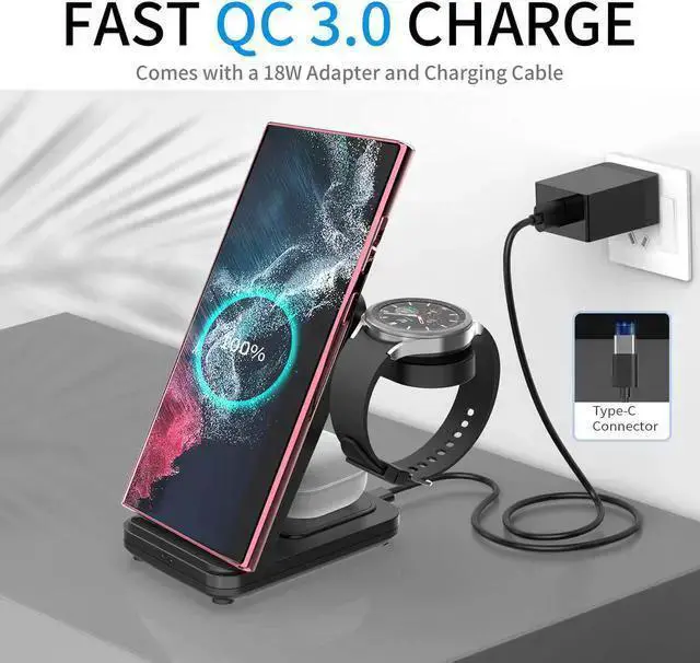 Alt view image 4 of 7 - WISDUM Wireless Charger,3in1 Wireless Charging Station for Galaxy Phone/Watch/Buds, Fit for Galaxy S22 ultra/Note 20/Note 10/S21/S20, Galaxy Watch 4/3, Active 2/1, Galaxy Buds/Pro/+/Live