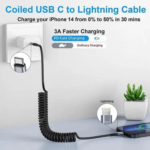 Alt view image 2 of 7 - WISDUM USB Type C to Lightning Cable 3FT 2Pack Coiled Charger Fast Charging for Car Short USBC Cord for iPhone14/13/12/11 Pro Max//CarPlay