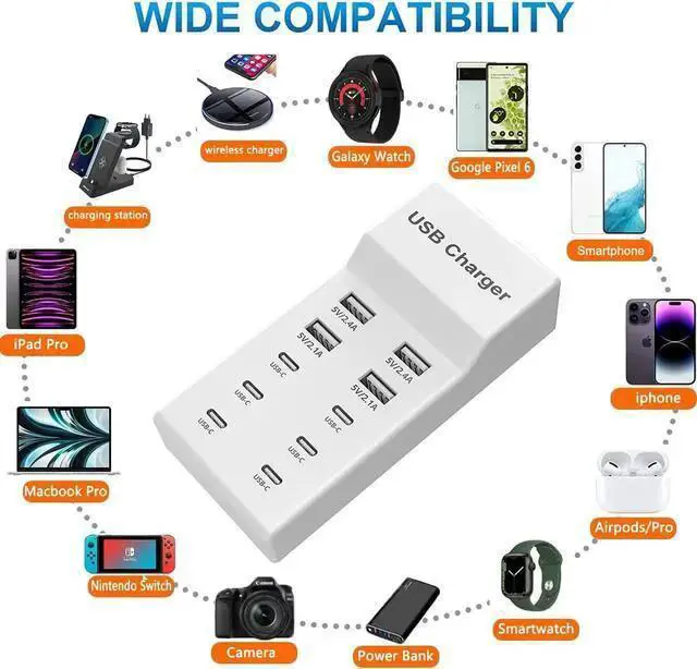 Alt view image 2 of 6 - WISDUM USB C Charger,10 Ports USB Charger Station with 6 Ports USB-C Charger, Desktop 50W Multi Port USB Charger Compatible with 14/13/12/11/ S23/S22/S21/Tablet/Watch/Headphones