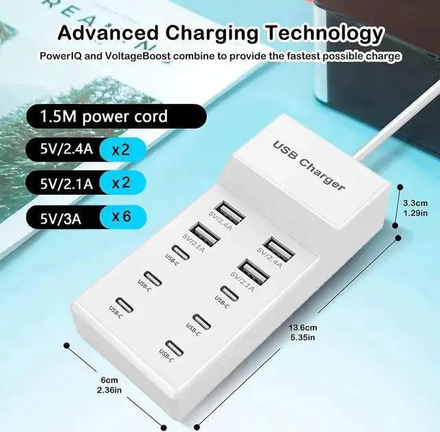 Alt view image 3 of 6 - WISDUM USB C Charger,10 Ports USB Charger Station with 6 Ports USB-C Charger, Desktop 50W Multi Port USB Charger Compatible with 14/13/12/11/ S23/S22/S21/Tablet/Watch/Headphones
