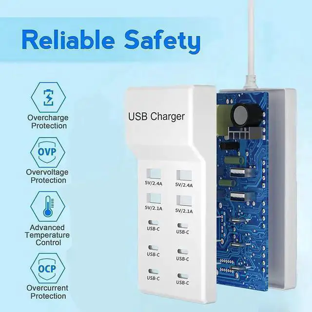 Alt view image 4 of 6 - WISDUM USB C Charger,10 Ports USB Charger Station with 6 Ports USB-C Charger, Desktop 50W Multi Port USB Charger Compatible with 14/13/12/11/ S23/S22/S21/Tablet/Watch/Headphones