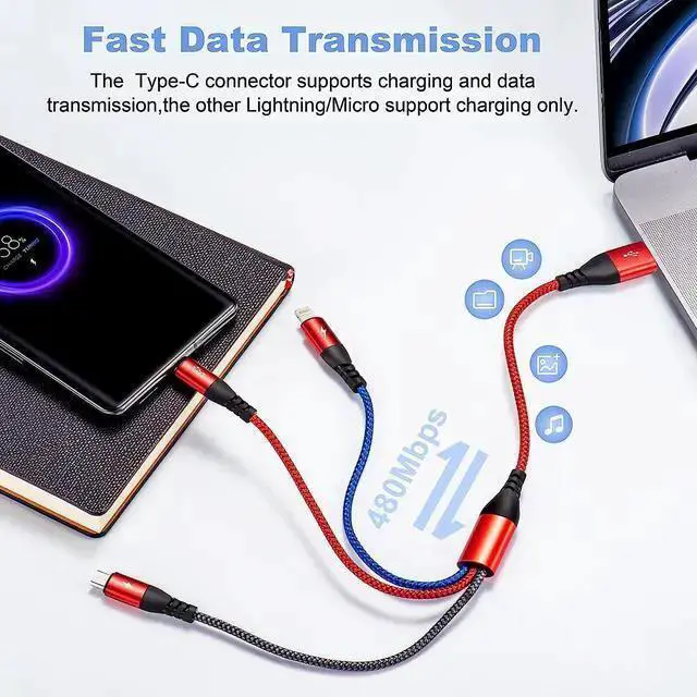 Alt view image 3 of 7 - WISDUM Multi Charging Cable 4.5A Multi Charger Cable Braided 3 in 1 Charging Cable Multi USB Cable Fast Charging Cord with Type-C Micro USB and IP Port for Most Phones Galaxy iPads (2Pack/1Ft)