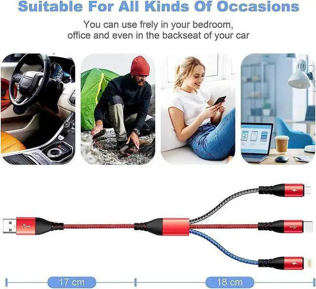 Alt view image 4 of 7 - WISDUM Multi Charging Cable 4.5A Multi Charger Cable Braided 3 in 1 Charging Cable Multi USB Cable Fast Charging Cord with Type-C Micro USB and IP Port for Most Phones Galaxy iPads (2Pack/1Ft)