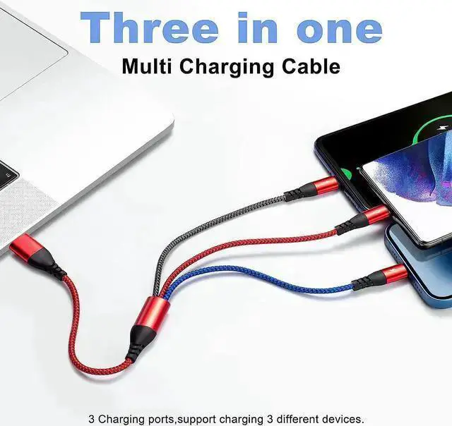 Alt view image 7 of 7 - WISDUM Multi Charging Cable 4.5A Multi Charger Cable Braided 3 in 1 Charging Cable Multi USB Cable Fast Charging Cord with Type-C Micro USB and IP Port for Most Phones Galaxy iPads (2Pack/1Ft)
