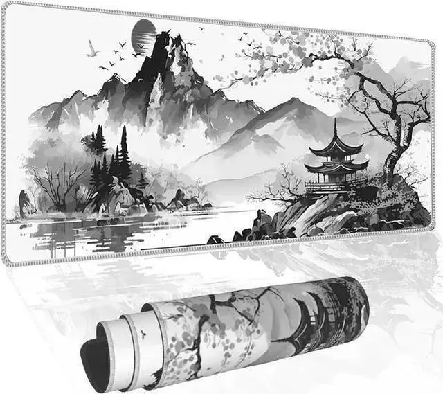 Main image of WISDUM Black and White Japanese Watercolor Blossom Sakura Gaming Mouse Pad XL Extended Keyboard Mouse Mat Desk Pad with Non-Slip Rubber Base Stitched Edges for Office Home Game 31.5 X 11.8 Inch