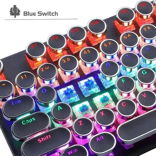 Alt view image 3 of 7 - WISDUM Typewriter Mechanical Gaming Keyboard, Retro Punk Round Keycaps with RGB Rainbow Backlit USB Wired Keyboards for Game and Office, for Windows Laptop PC Mac - Blue Switches/Black