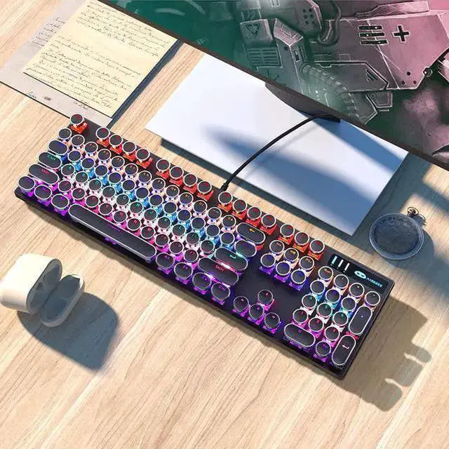 Alt view image 4 of 7 - WISDUM Typewriter Mechanical Gaming Keyboard, Retro Punk Round Keycaps with RGB Rainbow Backlit USB Wired Keyboards for Game and Office, for Windows Laptop PC Mac - Blue Switches/Black