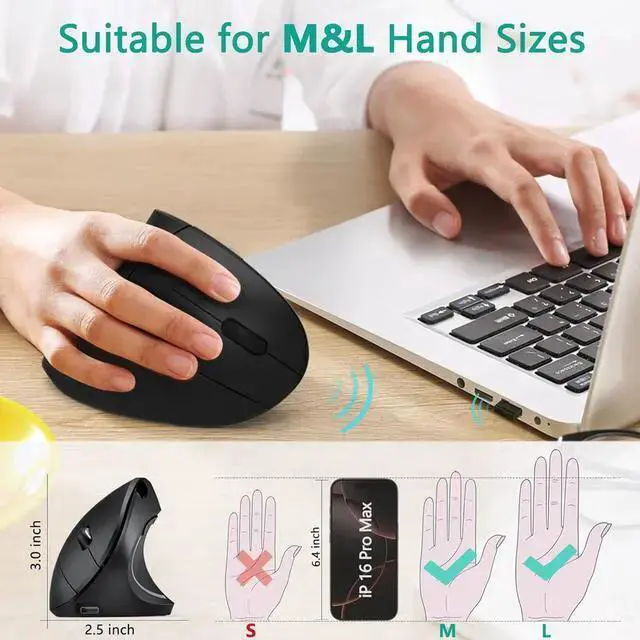Alt view image 2 of 7 - WISDUM Ergonomic Mouse Vertical Wireless Mouse - Rechargeable 2.4GHz Optical Vertical Mice : 3 Adjustable DPI 800/1200/1600 Levels 6 Buttons for Laptop PC Computer Desktop Notebook etc Black