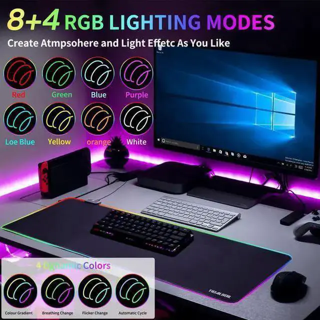 Alt view image 3 of 7 - WISDUM RGB Gaming Mouse Pad 31.5 x 11.8 Inch Oversized Non-Slip Rubber Base, 12 Light Modes, Large Keyboard Pad for PC Gaming and Office, Single Pack, Black
