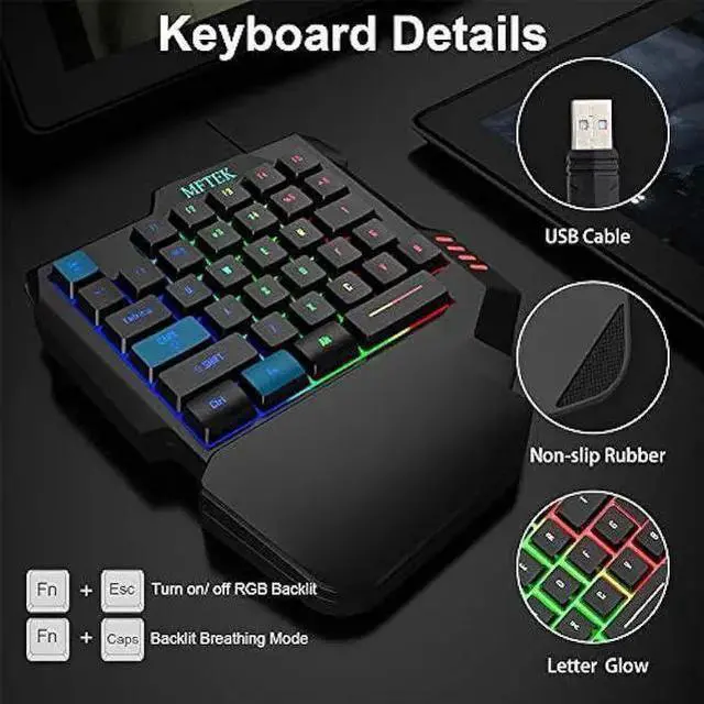 Alt view image 3 of 7 - WISDUM MFTEK One Hand Gaming Keyboard and Mouse Combo, RGB Rainbow Backlit One-Handed Mechanical Feeling Keyboard with Wrist Rest Support, USB Wired Keyboard Mouse and Mouse Pad Set for PC PS4 Gamer