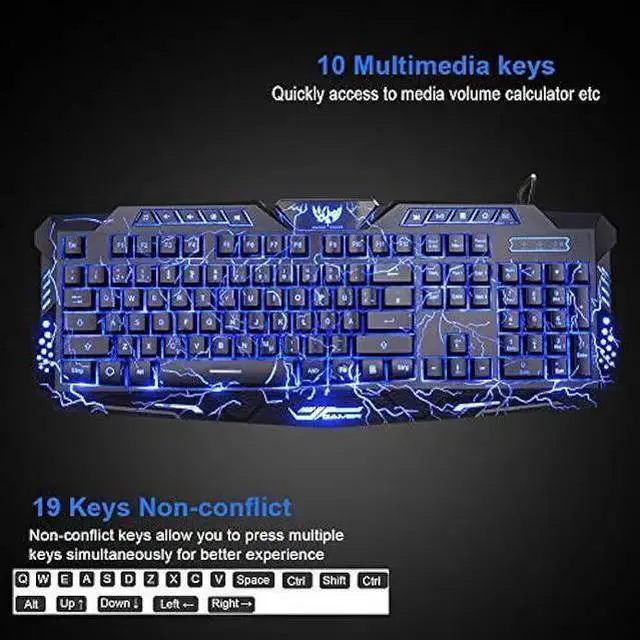 Alt view image 3 of 7 - WISDUM BlueFinger Gaming Keyboard and Mouse,USB Wired Backlit Gaming Mouse and Keyboard Combo,Letters Glow, 3 Color Crack Backlit,Illumination Keyboard and Mouse Set for Game and Work