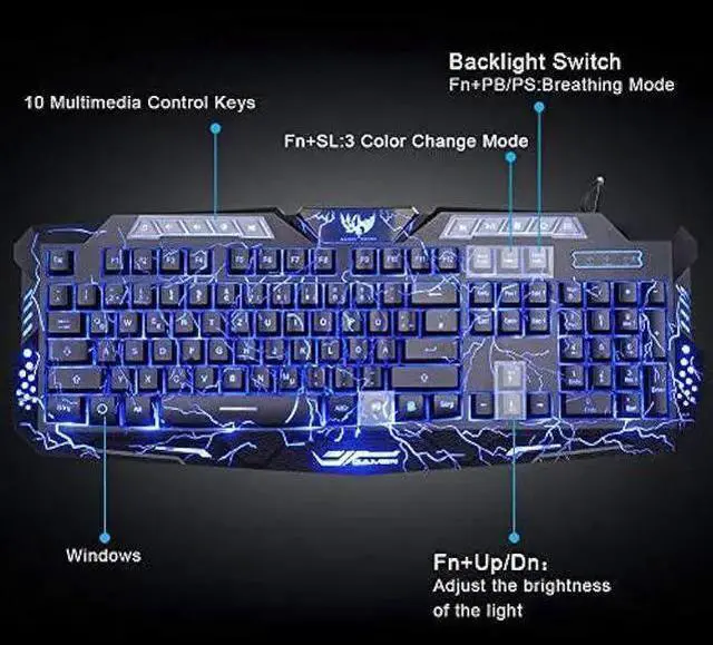 Alt view image 5 of 7 - WISDUM BlueFinger Gaming Keyboard and Mouse,USB Wired Backlit Gaming Mouse and Keyboard Combo,Letters Glow, 3 Color Crack Backlit,Illumination Keyboard and Mouse Set for Game and Work