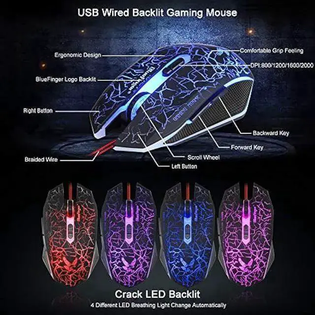 Alt view image 6 of 7 - WISDUM BlueFinger Gaming Keyboard and Mouse,USB Wired Backlit Gaming Mouse and Keyboard Combo,Letters Glow, 3 Color Crack Backlit,Illumination Keyboard and Mouse Set for Game and Work