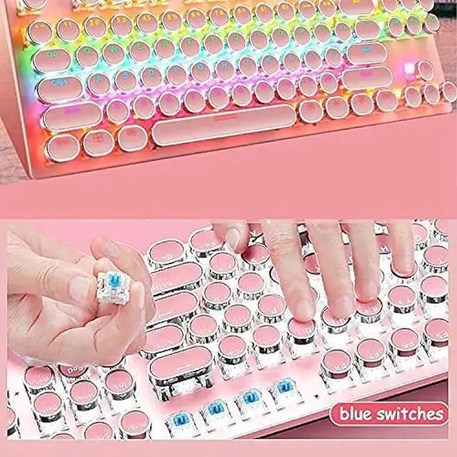 Alt view image 3 of 7 - WISDUM Ltvystore Mechanical Gaming Pink Keyboard,87 Key Retro Punk Typewriter-Style,Blue Switch RGB Backlit Keyboard,Anti-Ghosting, USB Wired, for PC Laptop Desktop Computer, for Game and Office