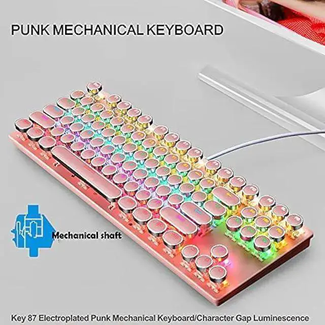 Alt view image 6 of 7 - WISDUM Ltvystore Mechanical Gaming Pink Keyboard,87 Key Retro Punk Typewriter-Style,Blue Switch RGB Backlit Keyboard,Anti-Ghosting, USB Wired, for PC Laptop Desktop Computer, for Game and Office