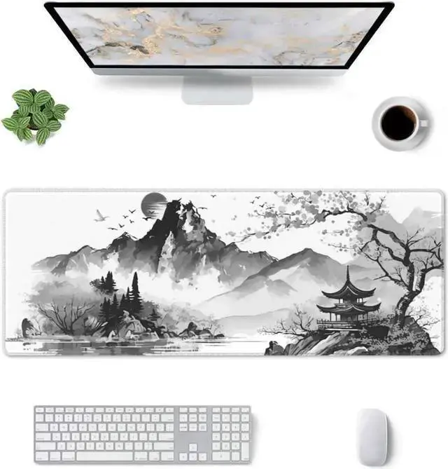 Alt view image 2 of 7 - WISDUM Black and White Japanese Watercolor Blossom Sakura Gaming Mouse Pad XL Extended Keyboard Mouse Mat Desk Pad with Non-Slip Rubber Base Stitched Edges for Office Home Game 31.5 X 11.8 Inch