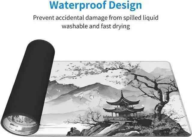 Alt view image 4 of 7 - WISDUM Black and White Japanese Watercolor Blossom Sakura Gaming Mouse Pad XL Extended Keyboard Mouse Mat Desk Pad with Non-Slip Rubber Base Stitched Edges for Office Home Game 31.5 X 11.8 Inch