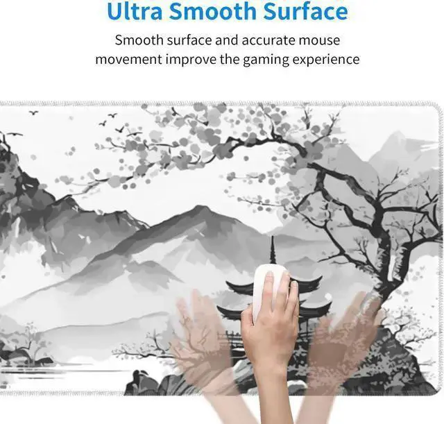 Alt view image 5 of 7 - WISDUM Black and White Japanese Watercolor Blossom Sakura Gaming Mouse Pad XL Extended Keyboard Mouse Mat Desk Pad with Non-Slip Rubber Base Stitched Edges for Office Home Game 31.5 X 11.8 Inch