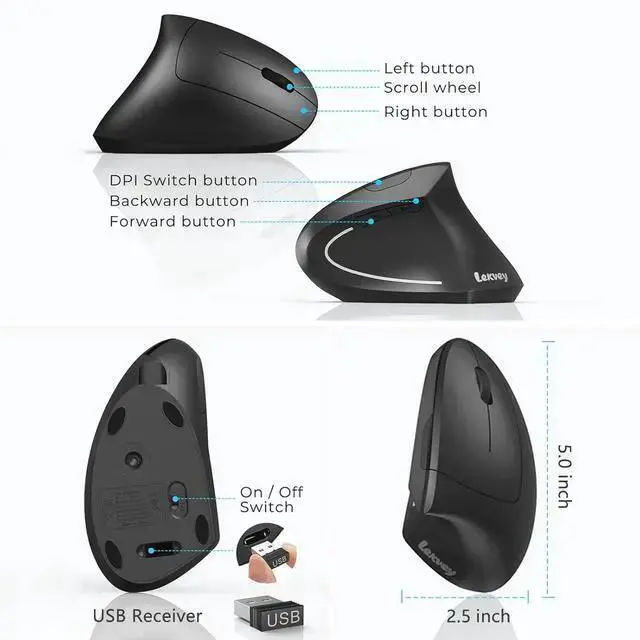 Alt view image 6 of 7 - WISDUM Ergonomic Mouse Vertical Wireless Mouse - Rechargeable 2.4GHz Optical Vertical Mice : 3 Adjustable DPI 800/1200/1600 Levels 6 Buttons for Laptop PC Computer Desktop Notebook etc Black