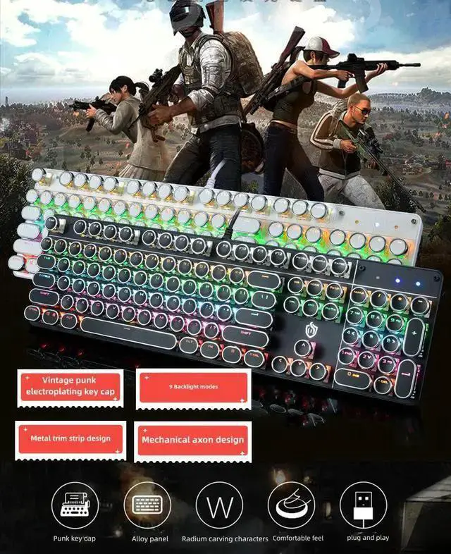 Alt view image 3 of 6 - WISDUM Retro Steampunk Gaming Mechanical Keyboard-Blue Switch-RGB LED Backlit Illuminated Keyboard,USB Wired,Typewriter-Style,Plating 104 Key Round Keycaps,for Game and Office,for Laptop Desktop