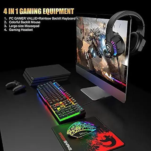 Alt view image 2 of 7 - WISDUM Wired Gaming Keyboard and Mouse Headset Combo,Rainbow LED Backlit Wired Keyboard,Over Ear Headphone with Mic,Rainbow Backlit Gaming Mice,Mouse Pad,for PC,Laptop,Mac,PS4,(Black)