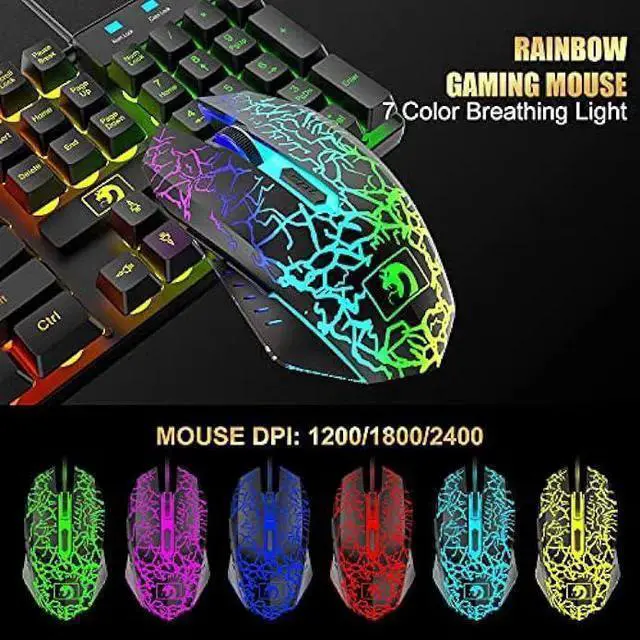 Alt view image 7 of 7 - WISDUM Wired Gaming Keyboard and Mouse Headset Combo,Rainbow LED Backlit Wired Keyboard,Over Ear Headphone with Mic,Rainbow Backlit Gaming Mice,Mouse Pad,for PC,Laptop,Mac,PS4,(Black)
