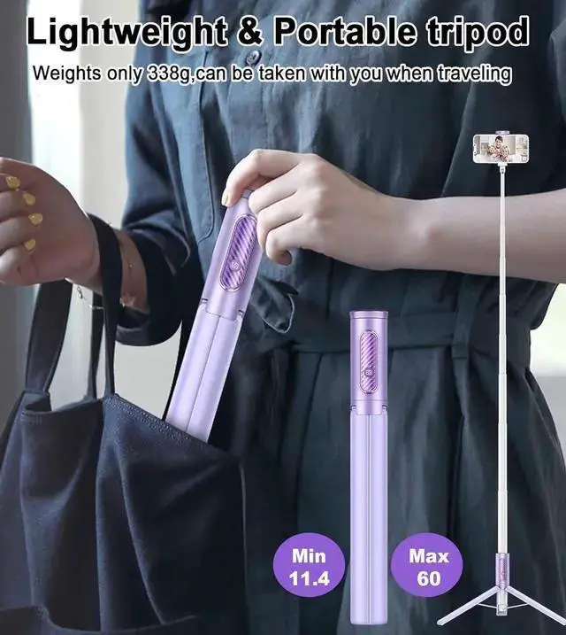 Alt view image 7 of 7 - WISDUM TONEOF Tripod, Cell Phone Selfie Stick, 60 Inch All-in-1 Stand with Integrated Wireless Remote, Lightweight and Portable, Extendable Tripod for 4-7 Inch and AndroidPurple