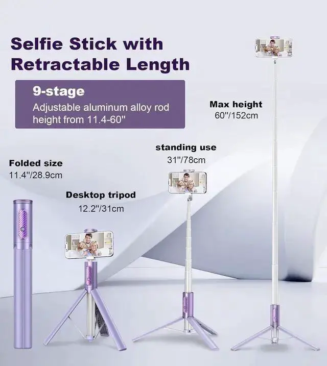 Alt view image 3 of 7 - WISDUM TONEOF Tripod, Cell Phone Selfie Stick, 60 Inch All-in-1 Stand with Integrated Wireless Remote, Lightweight and Portable, Extendable Tripod for 4-7 Inch and AndroidPurple