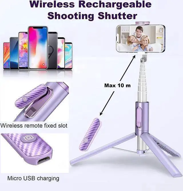 Alt view image 5 of 7 - WISDUM TONEOF Tripod, Cell Phone Selfie Stick, 60 Inch All-in-1 Stand with Integrated Wireless Remote, Lightweight and Portable, Extendable Tripod for 4-7 Inch and AndroidPurple