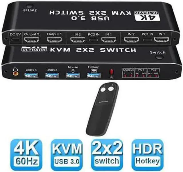 Main image of WISDUM STARNOONTEK 8K HDMI KVM Switch 2 in 2 Out Dual Monitor 8K@60Hz 4K@120Hz 2 PC to 2 Monitor with 2 USB 3.0 Ports and Keyboard, Mouse port for Sharing Keyboard, Mouse, U Disk