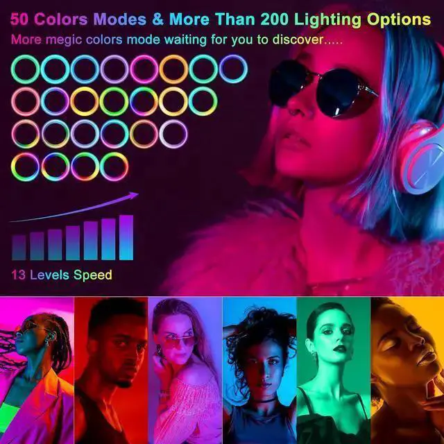 Alt view image 3 of 7 - WISDUM 13" RGB Ring Light with 63" Stand and 2 Phone Holders, Tablet Holder, Sunset Lamp, 51 Color Modes Selfie Ringlight with Desk Tripod, Halo Ring Light for TikTok/Live Stream/Makeup/YouTube