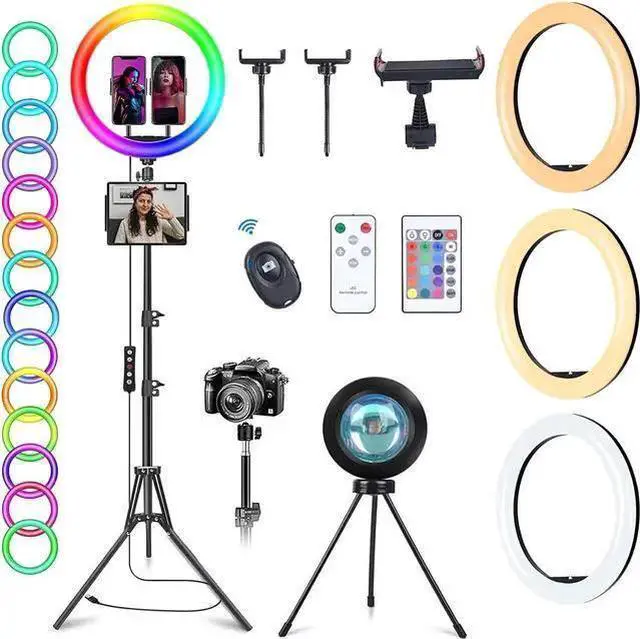 Main image of WISDUM 13" RGB Ring Light with 63" Stand and 2 Phone Holders, Tablet Holder, Sunset Lamp, 51 Color Modes Selfie Ringlight with Desk Tripod, Halo Ring Light for TikTok/Live Stream/Makeup/YouTube