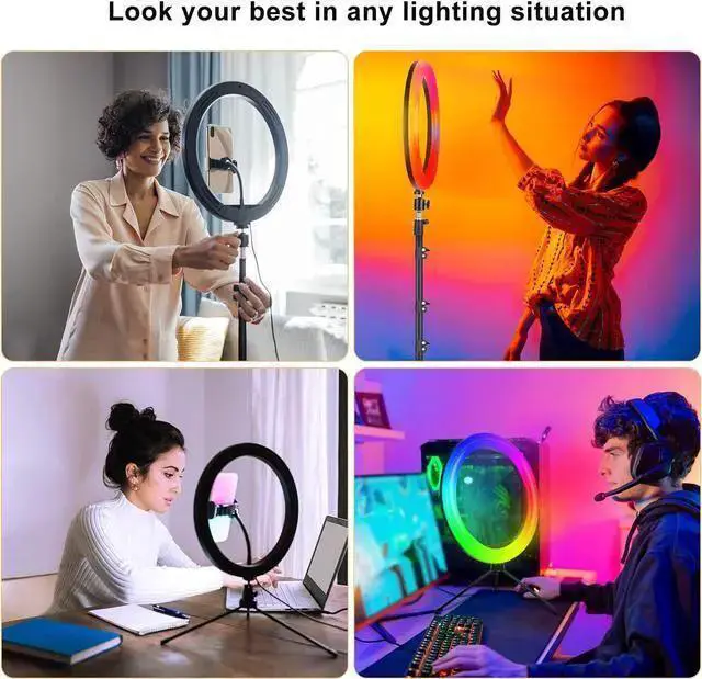 Alt view image 7 of 7 - WISDUM 13" RGB Ring Light with 63" Stand and 2 Phone Holders, Tablet Holder, Sunset Lamp, 51 Color Modes Selfie Ringlight with Desk Tripod, Halo Ring Light for TikTok/Live Stream/Makeup/YouTube