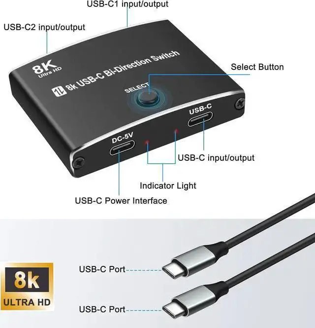 Alt view image 4 of 7 - WISDUM USB C Type-C Switcher 1 in 2 out/2 in 1 out 8K@60Hz 4K@120Hz Type-C Bi-Directional Switch Selector Support 48Gbps Data Transmission with Type-C Cables for PC Monitor HDTV-1 PCS