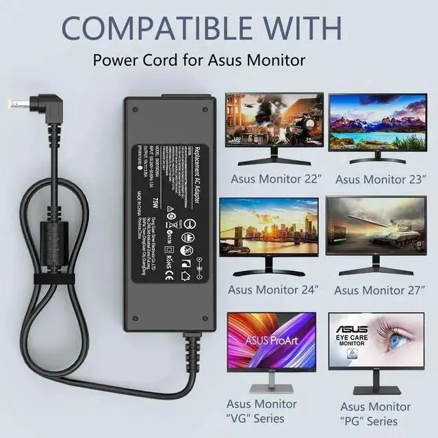 Alt view image 3 of 7 - WISDUM 19V Power Supply for Monitor 27 24 23 22 inch VX238H, VX238H-W, VX228, VX228H, VX248, VX248H, MX279H, VX239H, VX279H, VX229H, MX239H, LS246H, LS248H, VG278Q, VG279Q Gaming Monitor Power Cord