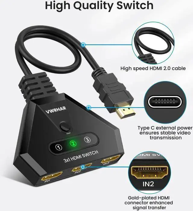 Alt view image 4 of 7 - WISDUM HDMI Switch 4K HDMI Splitter, Automatic HDMI Switch 3 in 1 Out with Pigtail HDMI Cable, 3 Ports HDMI Switcher Support HDCP 2.2 Full HD 4K 1080P 3D for Fire Stick TV PS5 PS4 PC