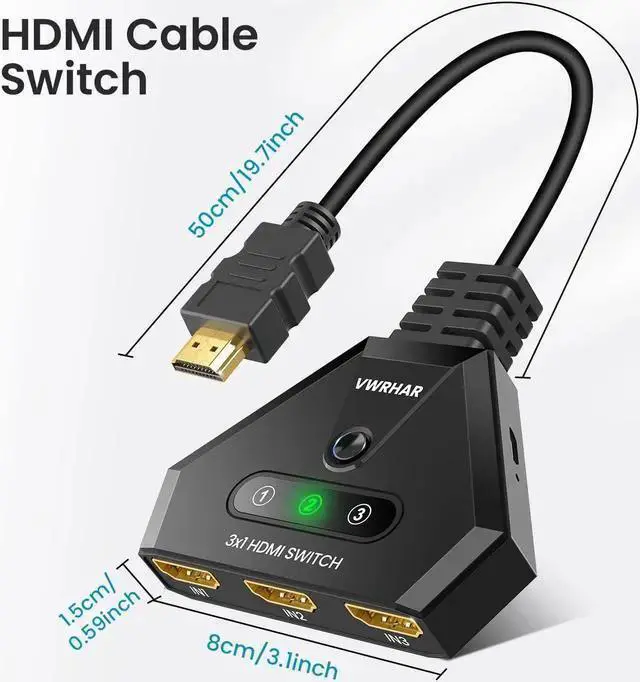 Alt view image 7 of 7 - WISDUM HDMI Switch 4K HDMI Splitter, Automatic HDMI Switch 3 in 1 Out with Pigtail HDMI Cable, 3 Ports HDMI Switcher Support HDCP 2.2 Full HD 4K 1080P 3D for Fire Stick TV PS5 PS4 PC