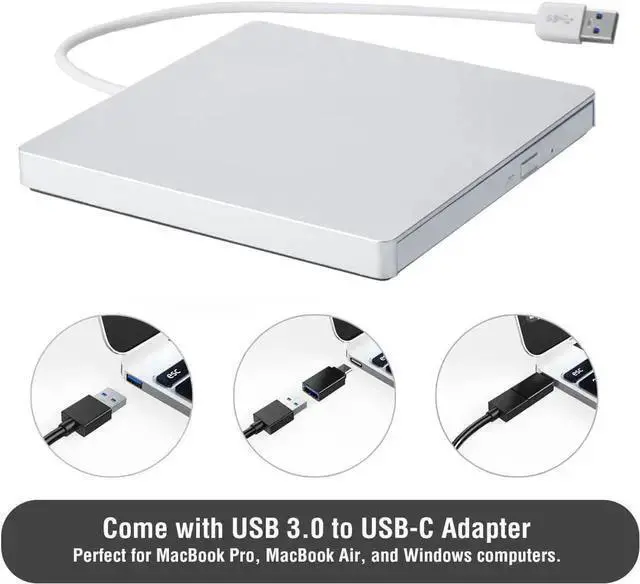 Alt view image 2 of 6 - WISDUM External CD/DVD Drive for Mac, CD Burner USB 3.0 Portable CD-ROM DVD+/-RW Disc Player Burner Reader Writer Optical Drive for Mac Pro/Air, Windows 11/10 Laptop PC, Silver