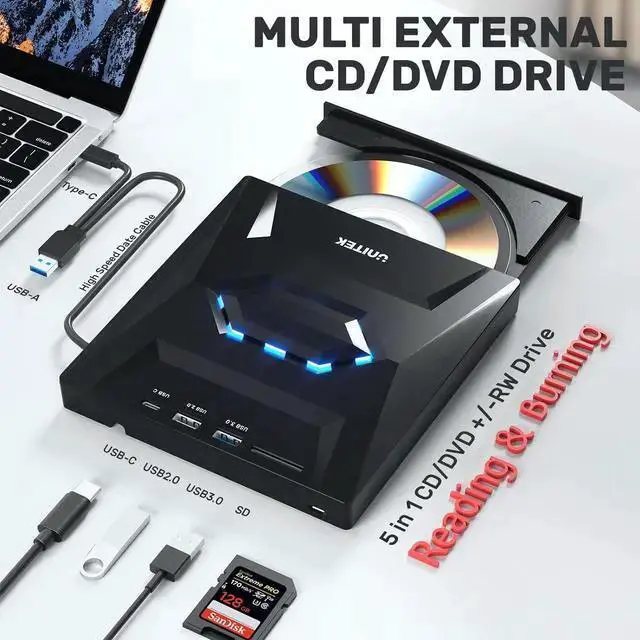 Alt view image 2 of 7 - WISDUM Unitek External CD DVD Drive, USB C Portable CD/DVD +/-RW Drive/DVD Player with SD Card Reader USB 3.0 USB C Hub CD ROM Burner Compatible with Laptop Desktop PC Windows Linux OS Mac