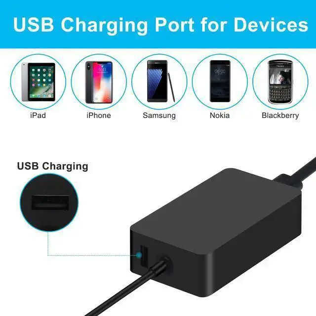 Alt view image 6 of 6 - WISDUM Surface Charger 65W Power Supply Adapter Charger Compatible Surface Pro 3 4 5 6 7 8 X Surface Laptop 4/3/ 2/1 Surface Book Surface Go 1 2 with USB Port
