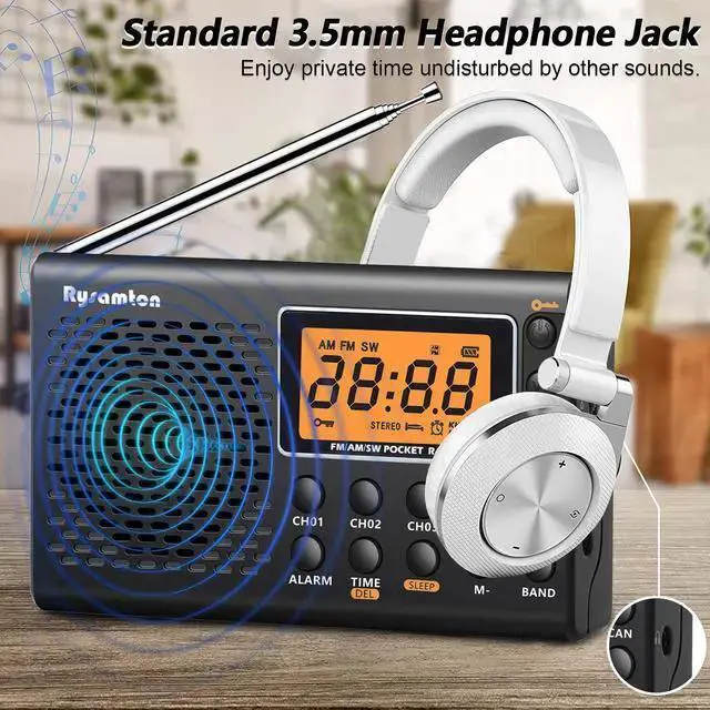 Alt view image 4 of 7 - WISDUM 3-In-1 Portable FM/AM/SW Radio - Alarm Clock Large Digital Display with Backlight (Black)