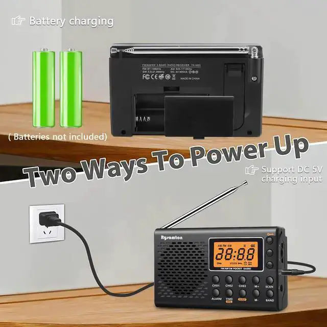 Alt view image 5 of 7 - WISDUM 3-In-1 Portable FM/AM/SW Radio - Alarm Clock Large Digital Display with Backlight (Black)