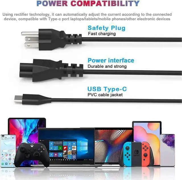 Alt view image 4 of 7 - WISDUM Chromebook Charger Replacement : Universal 45W Type C USB C Chromebook Charger Laptop for Chromebook X360 14 Charger, Google Acer Chromebook Charger, Power Cord Adapter