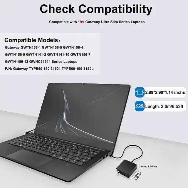 Alt view image 2 of 7 - WISDUM 19V 3.15A Charger Power Cord for Gateway GWTN156-1 GWTN156-5 GWTN156-4 GWTN156-9 GWTN141-2 GWTN141-10 GWTN156-7 GWNC31514-BK Gateway TYPE60-190-31501U 60-190-31501U Laptop Charger