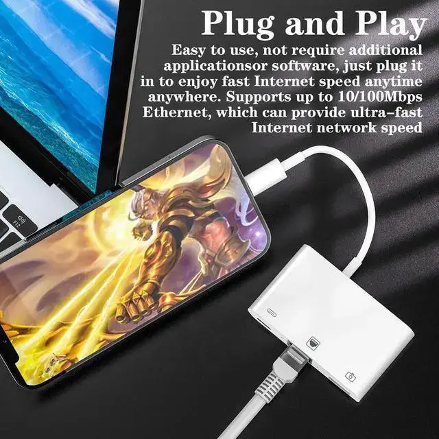 Alt view image 5 of 7 - WISDUM Lightning to RJ45 Ethernet Adapter for /, MFi Certified 3 in 1 RJ45 Ethernet LAN Network Adapter with USB 3.0 Camera Adapter and Lightning Charge Port,Supports 100Mbps Ethernet Network
