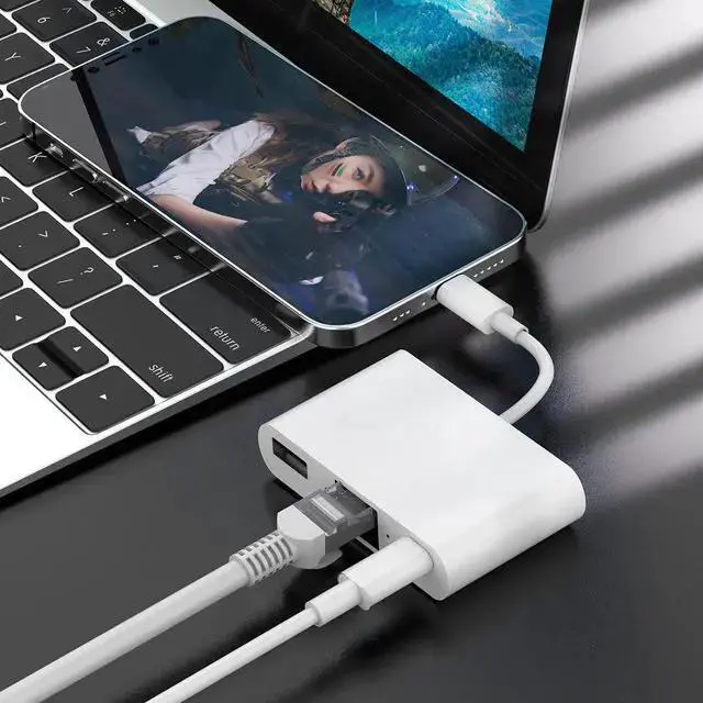 Alt view image 6 of 7 - WISDUM Lightning to RJ45 Ethernet Adapter for /, MFi Certified 3 in 1 RJ45 Ethernet LAN Network Adapter with USB 3.0 Camera Adapter and Lightning Charge Port,Supports 100Mbps Ethernet Network