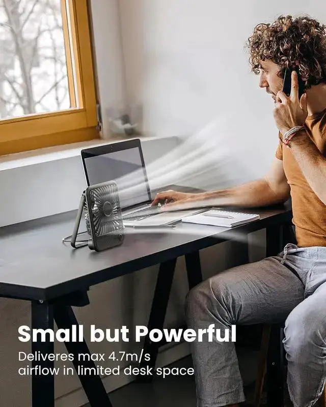 Alt view image 2 of 7 - WISDUM USB Desk Fan Strong Wind Ultra Quiet Small Personal Fan with 180° Tilt Folding and 3 Speeds Adjustable USB-C Corded Powered Mini USB Fan for Office Desktop Bedroom