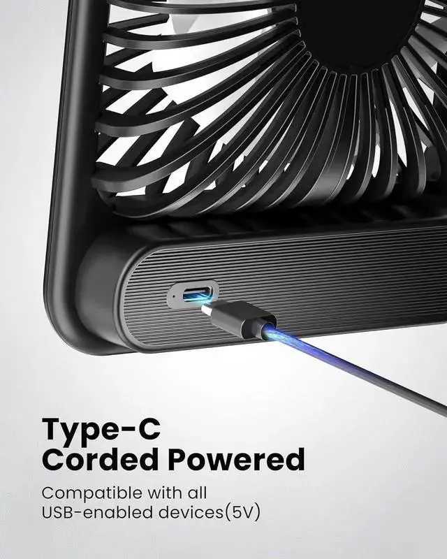Alt view image 4 of 7 - WISDUM USB Desk Fan Strong Wind Ultra Quiet Small Personal Fan with 180° Tilt Folding and 3 Speeds Adjustable USB-C Corded Powered Mini USB Fan for Office Desktop Bedroom