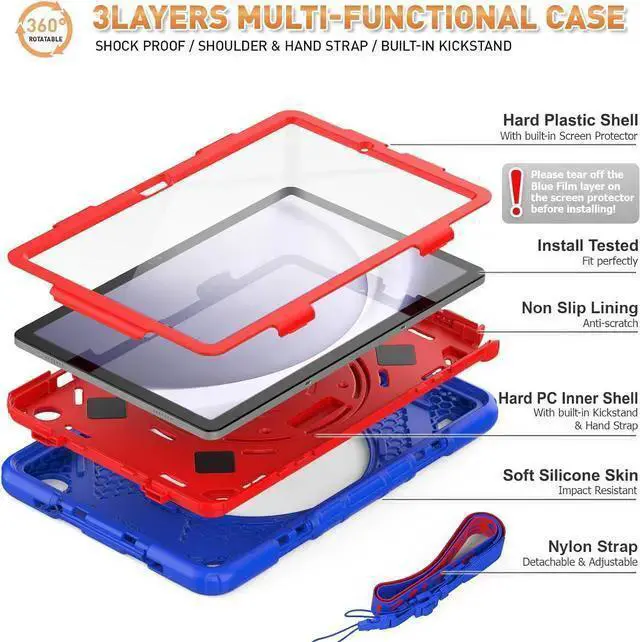 Alt view image 7 of 7 - WISDUM Case for Galaxy Tab A9 Plus 11 inch (SM-X210/X216/X218 Case). Protective Tablet Cover with Screen Protector, 360° Rotating Stand, Hand & Shoulder Strap Blue