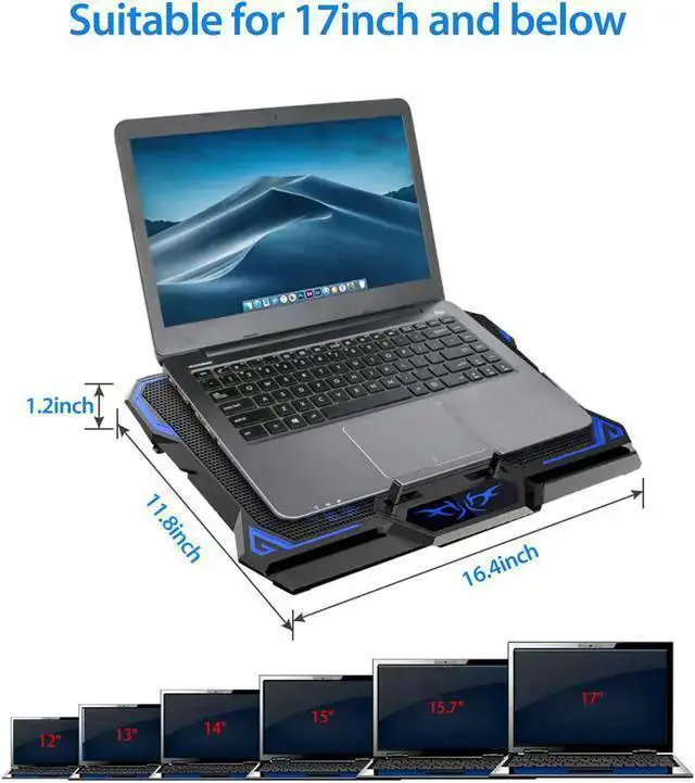 Alt view image 4 of 7 - WISDUM Laptop Cooling Pad, Laptop Cooler with 6 Quiet Led Fans for 15.6-17 Inch Laptop Cooling Fan Stand, Portable Ultra Slim USB Powered Gaming Laptop Cooling Pad, Switch Control Fan Speed Function